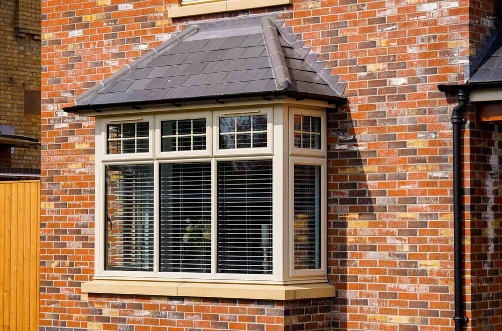 External view of a cream bay window. 