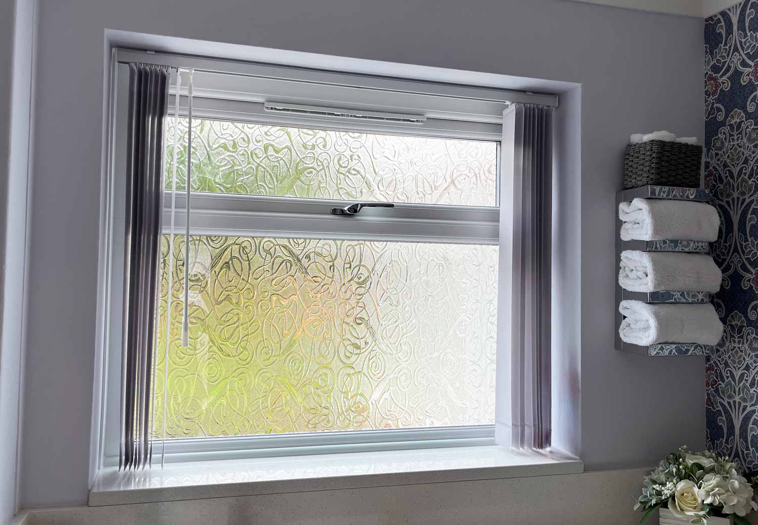 Patterned glass in a bathroom window, internal view. 